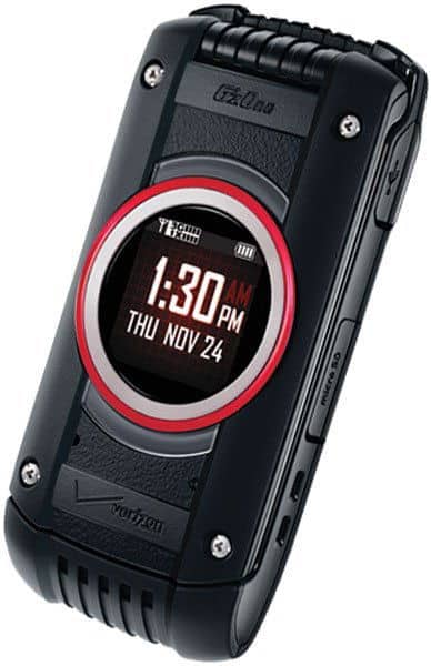 Casio G'zOne Ravine 2 flip phone, open position, displaying time 1:30 PM Thursday November 24 on circular red-trimmed screen