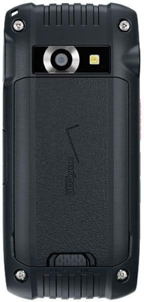 Casio G'zOne Ravine 2 rear view, black rugged phone with camera, flash, and textured back panel