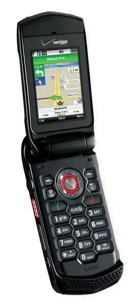 Casio GzOne Ravine front view, open flip phone with screen displaying map application and numeric keypad below
