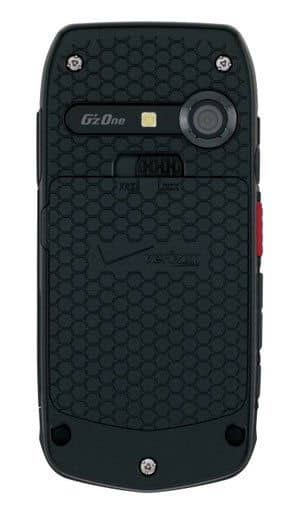 Casio GzOne Ravine rear view, black rugged phone with textured surface, camera lens, and red accent strip on right side