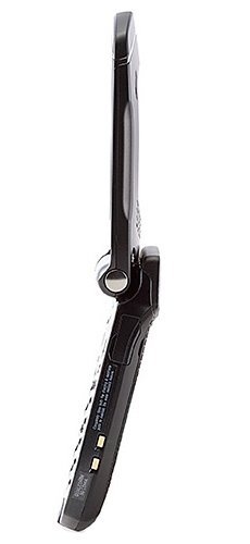 Casio G'zOne Rock mobile phone, side view, shown open with hinge displayed, black rugged design