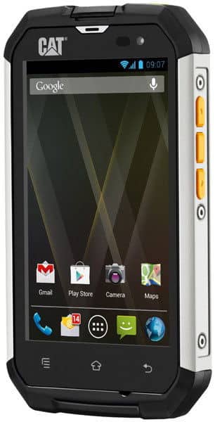 Front view of rugged CAT B15 smartphone, black and silver casing, home screen visible, three yellow side buttons.