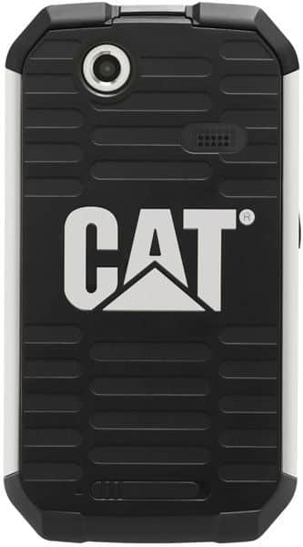 Rear view of the rugged black CAT B15 showing textured back, single camera, small speaker, CAT logo, and reinforced edges.