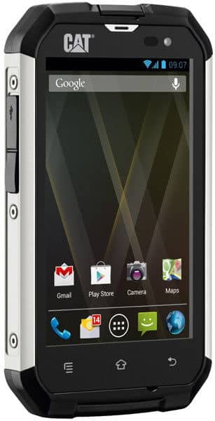 Front view of CAT B15 smartphone showing touchscreen with app icons, rugged black and silver frame, and visible screws.
