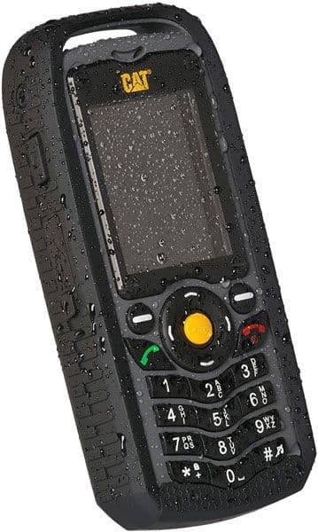 CAT B25 rugged phone with black casing, yellow center button, and numeric keypad, wet with water droplets