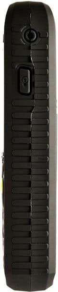 CAT B25 rugged phone, side view, showing textured black body with grip ridges and control buttons