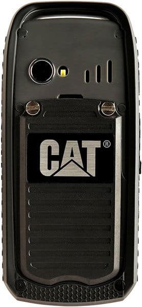 CAT B25 rugged mobile phone, rear view, showing camera lens and CAT branding on black casing