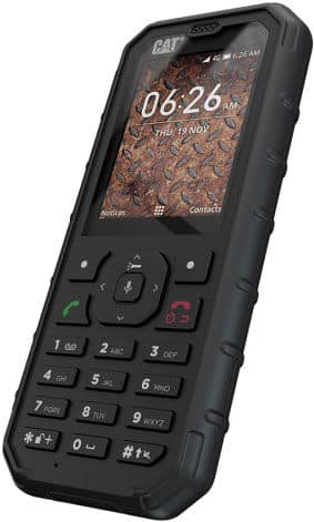 CAT B35 rugged phone, front view, with display showing time 06:26 and physical keypad
