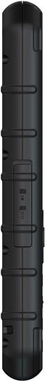 CAT B35 rear view, showing black rugged phone body with multiple grip bands and buttons along the spine