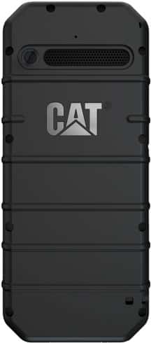 CAT B35 rugged phone, front view, black with textured grip panels and speaker grille at top