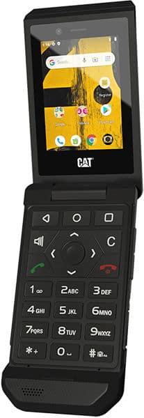 Front view of open black CAT S22 Flip phone showing large physical keypad and screen with yellow-black app icon wallpaper.