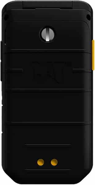 Rear view of black CAT S22 Flip showing yellow side buttons, two yellow charging contacts, and embossed CAT logo in center.