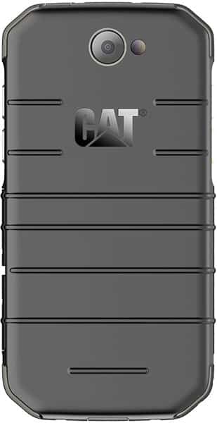 CAT S31 rugged smartphone, rear view, showing camera, speaker, and horizontal grip ridges on dark gray body