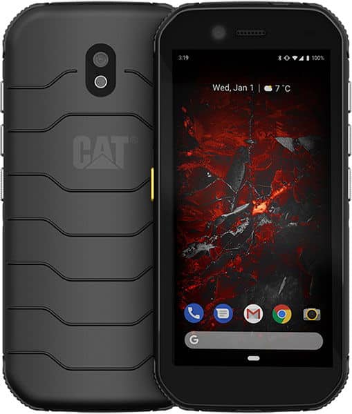 CAT S32 smartphone front and back views; display shows red/black wallpaper, app icons, 7°C, Wednesday, January 1.