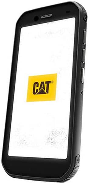 CAT S32 rugged smartphone, front angled view showing yellow CAT logo on screen and visible side buttons.
