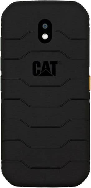 Rear view of a black CAT S32 rugged case with wavy texture, rear camera cutout, and logo below the camera opening.