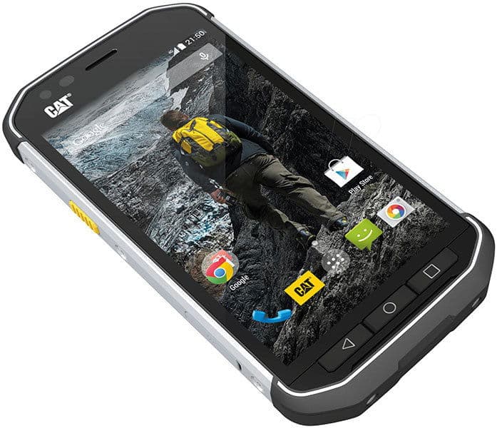 CAT S40 rugged smartphone front view displaying home screen with app icons and construction worker image