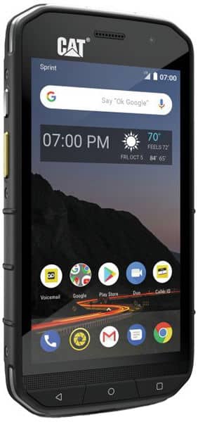 CAT S48C rugged smartphone, front view with home screen displaying time, weather, and app icons