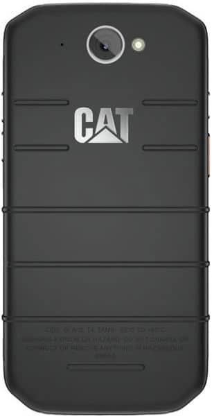 CAT S48C rear view, black rugged smartphone with CAT logo, camera lens, and horizontal grip lines