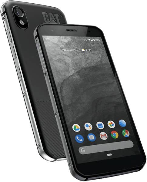 Cat S52 smartphone shown front and back; home screen visible. Sturdy rugged build with exposed side screws.