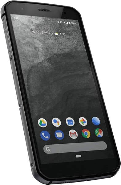 Cat S52 smartphone with rugged case, angled front view showing home screen, app icons, January 1 date, and 7°C weather widget.