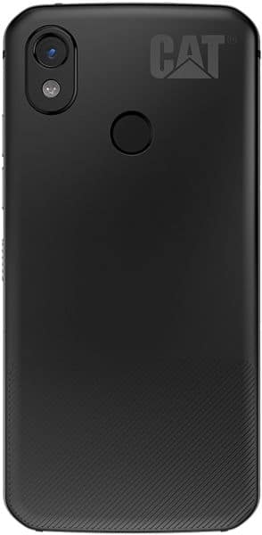 Rear view of black Cat S52 showing single rear camera with flash, fingerprint sensor, and textured lower section.