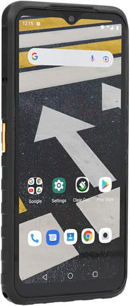 Cat S53 smartphone shown from front, displaying home screen with Google search bar, app icons, and abstract arrow design wallpaper