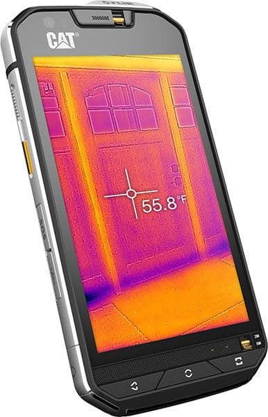 CAT S60 rugged smartphone displaying thermal imaging of a building interior with temperature reading of 55.8°F, front view