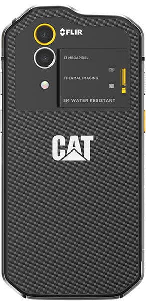 CAT S60 rugged smartphone, rear view, showing dual camera with thermal imaging, 13-megapixel sensor, and 5M water resistant rating on dark textured back