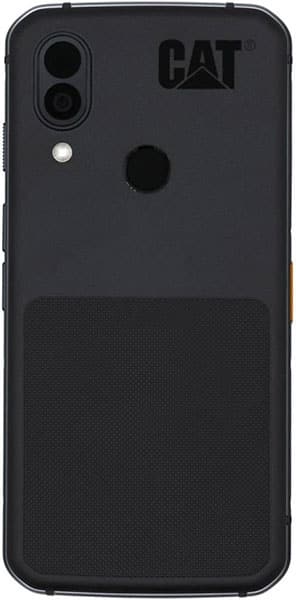 CAT S62 Pro rear view, black rugged smartphone with dual camera lens and textured lower panel