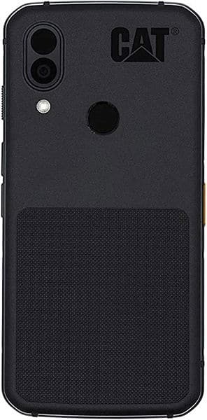 CAT S62 rear view, dark gray rugged phone with dual cameras and textured lower panel