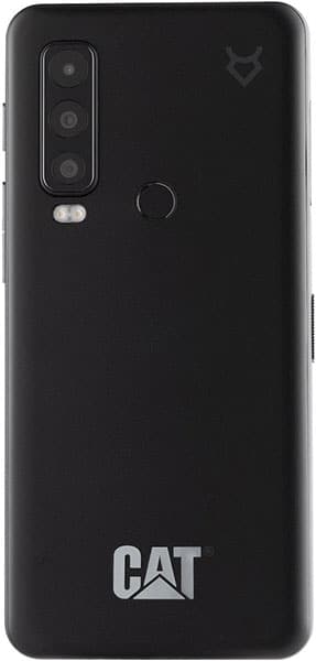 Rear view of black Cat S75 showing triple vertical cameras, flash, fingerprint sensor, matte back, and logo in top right corner.