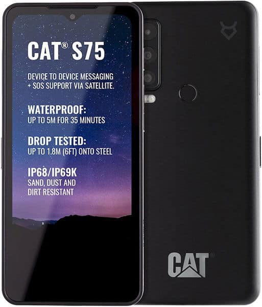 Front and rear views of black Cat S75 smartphone; screen shows rugged features, SOS support, and CAT logo.
