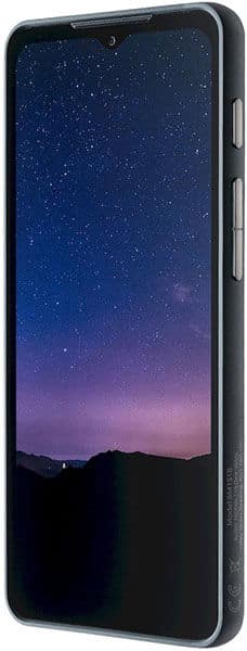 Cat S75 black smartphone angled to show side buttons, with starry night sky and mountain silhouette on its display.