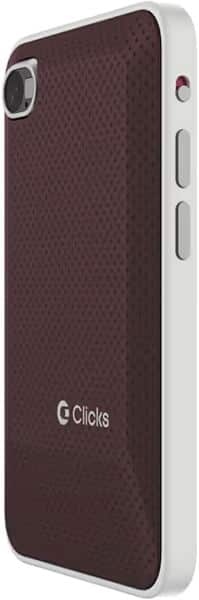 Rear view of the Clicks Communicator, a maroon and white device with textured back, side buttons, and side camera.