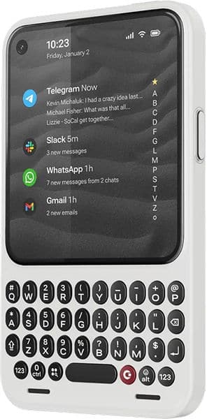 Front view of a white Clicks Communicator smartphone showing QWERTY keyboard and app notifications on its display.