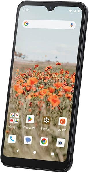 Consumer Cellular Iris Connect smartphone front view, displaying home screen with Google search bar and app icons above a wallpaper of an orange wildflower field