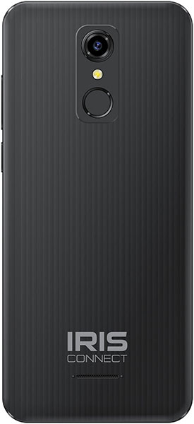 Consumer Cellular Iris Connect rear view, showing black textured back panel with camera, fingerprint sensor, and IRIS CONNECT branding