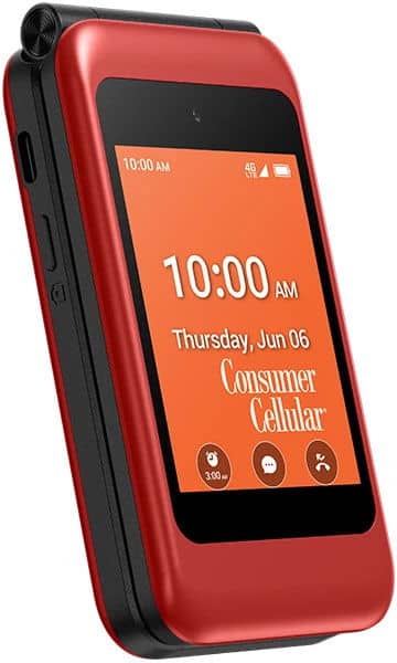 Consumer Cellular Iris Easy Flip phone, red and black, open with orange display showing time and date