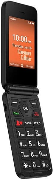 Consumer Cellular Iris Easy Flip phone, open position, displaying time and date on screen with physical keypad below
