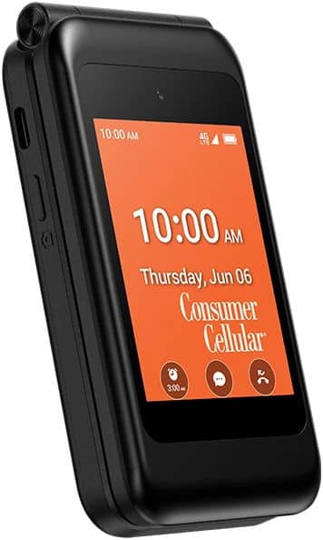 Consumer Cellular Iris Easy Flip open in tent position showing orange lock screen with time and date