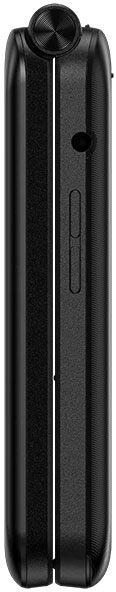 Consumer Cellular Iris Easy Flip phone, closed position, rear view showing black textured exterior and central button