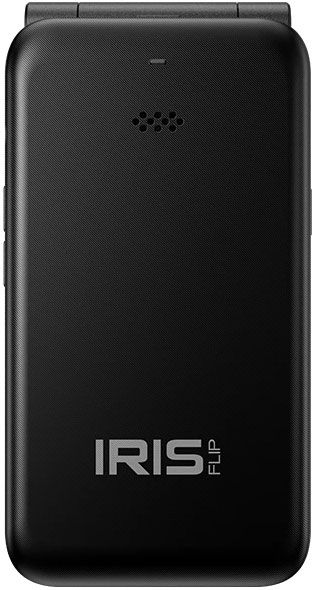 Consumer Cellular Iris Easy Flip phone, closed, showing back with speaker grille and IRIS FLO branding
