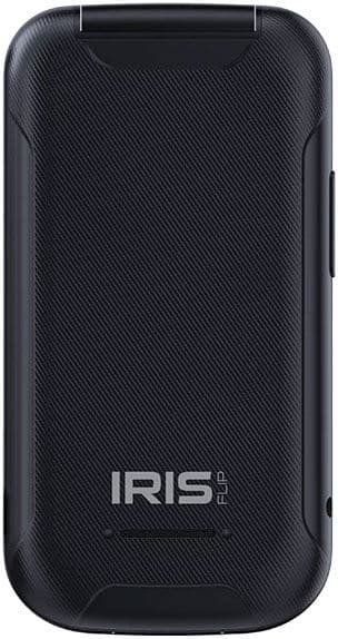 Front view of closed black Consumer Cellular Iris Flip phone, textured surface, "IRIS FLIP" in silver near the bottom.