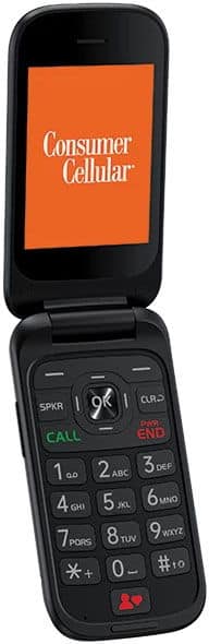 Front view of open black Consumer Cellular Iris Flip phone with logo on display, showing large keypad and green/red call buttons.