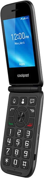 Coolpad Belleza flip phone, open, displaying blue home screen with time and date on upper display