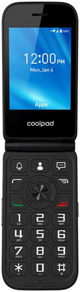Coolpad Belleza flip phone, front view, with blue display screen showing time and date, and numeric keypad below