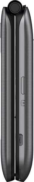 Coolpad Belleza phone shown from the side, closed position, displaying textured gray casing and control buttons along the edge