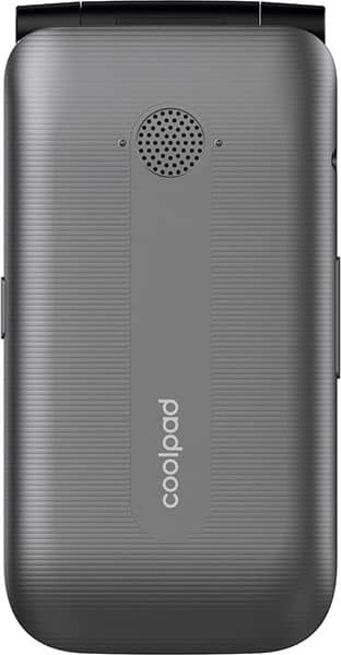 Coolpad Belleza rear view, silver brushed metal back with speaker grille and brand logo, black top bezel
