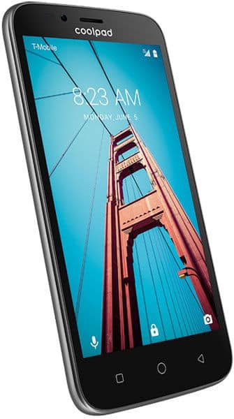 Coolpad Defiant smartphone, front view, displaying lock screen with Golden Gate Bridge image and 8:23 AM time